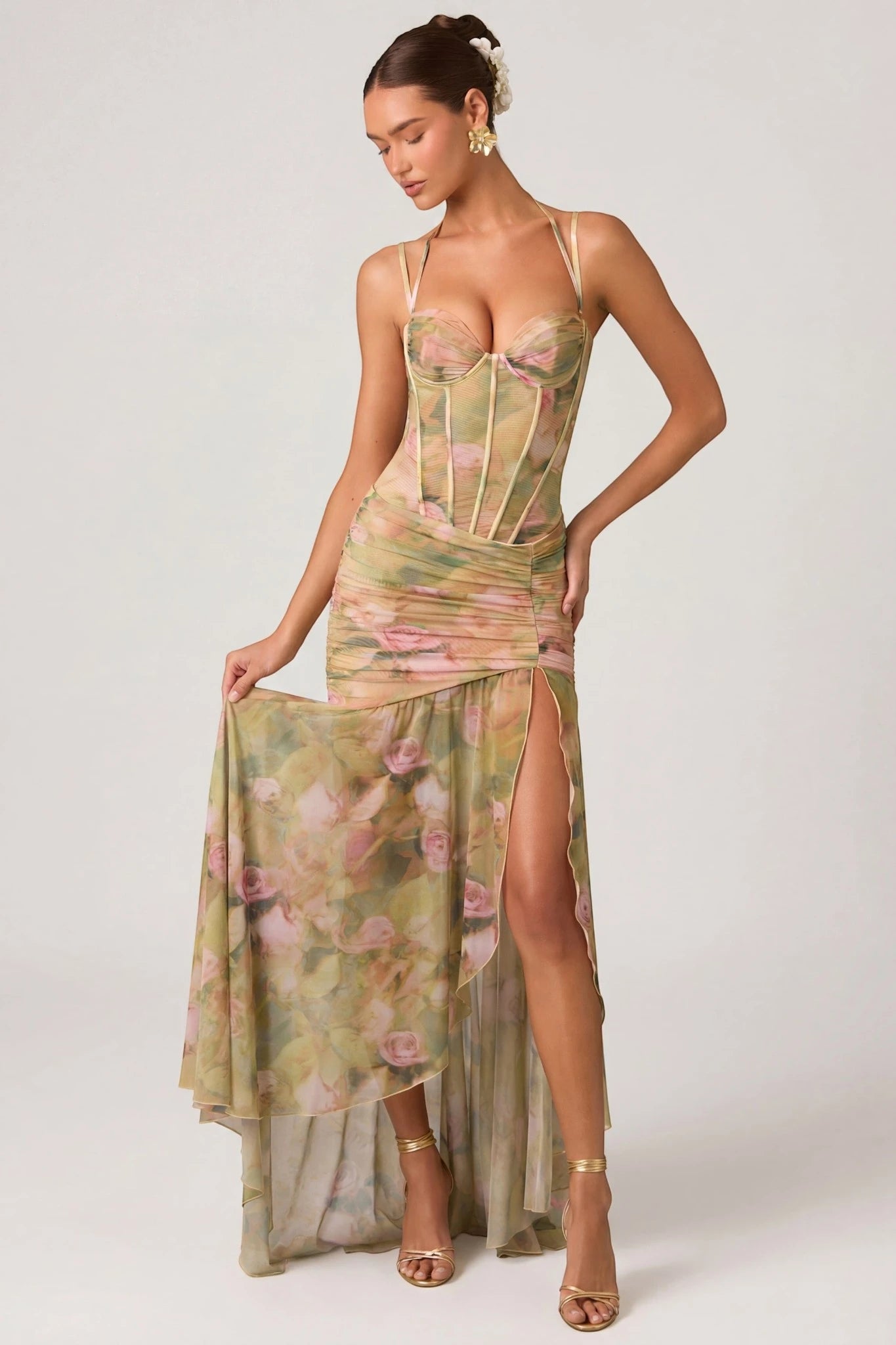 Vestido de Invitada de Boda Largo con Estampado de Flores y Corset