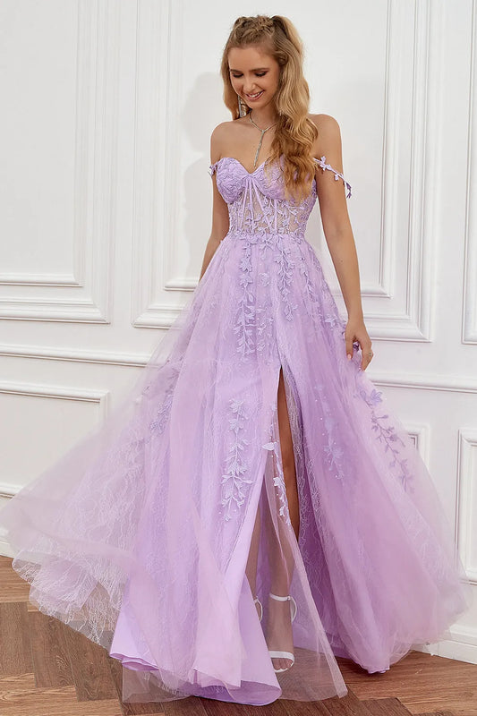 Vestido de Invitada de Boda Largo con Hombros Descubiertos y Aplicaciones