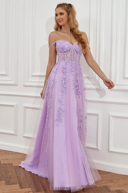 Vestido de Invitada de Boda Largo con Hombros Descubiertos y Aplicaciones