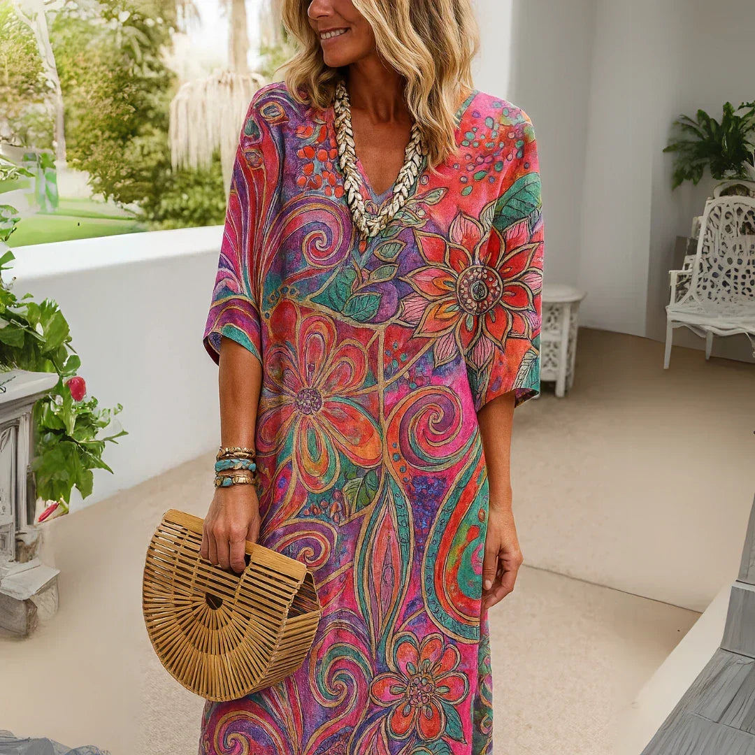 Vestido de Invitada de Boda Largo de Flores Boho con Escote en V