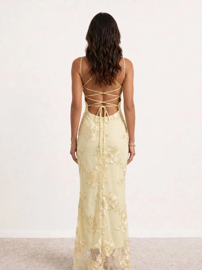Vestido de Invitada de Boda Largo de Flores Elegante con Espalda Descubierta