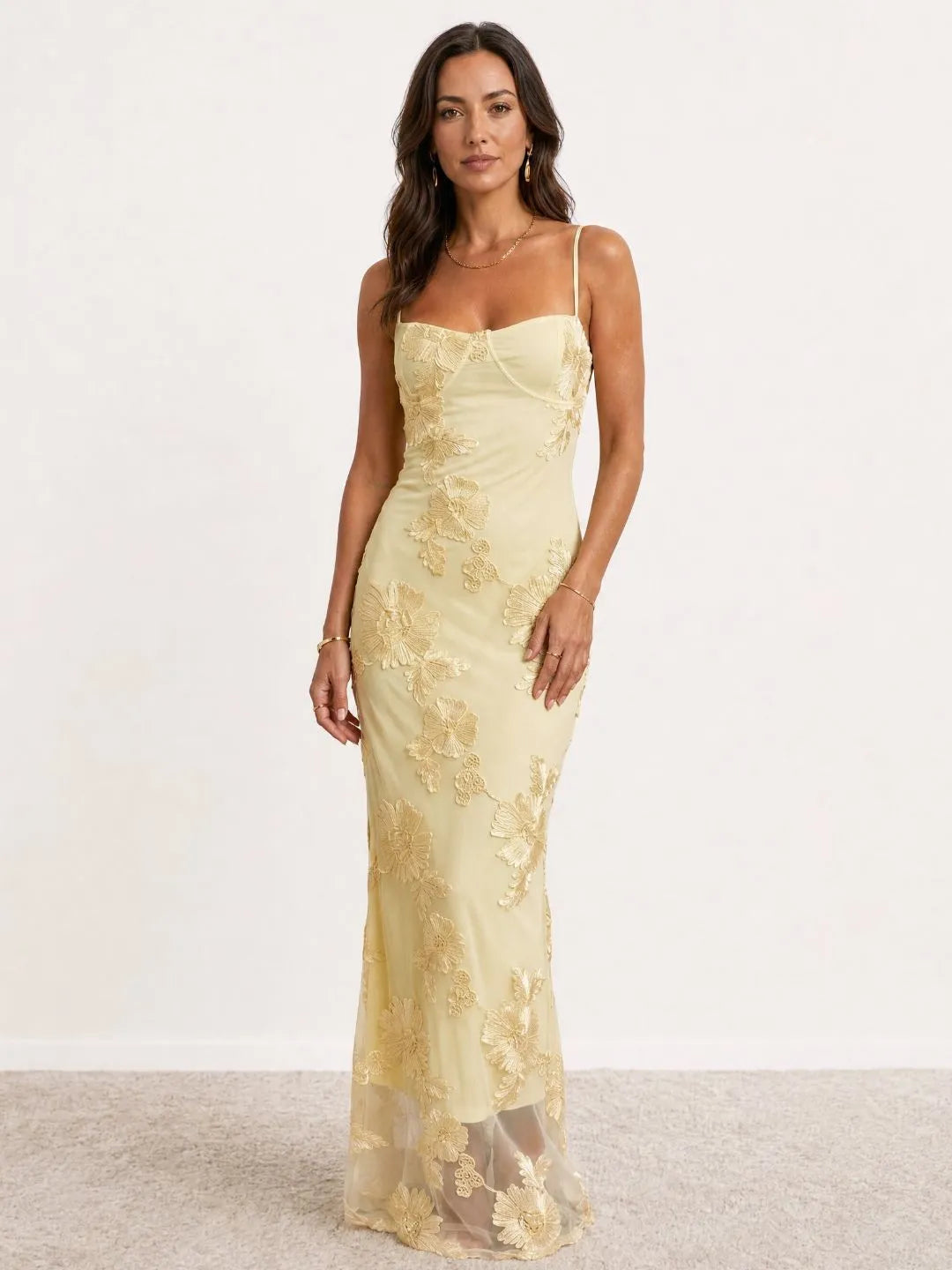 Vestido de Invitada de Boda Largo de Flores Elegante con Espalda Descubierta