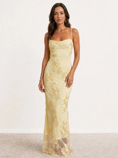 Vestido de Invitada de Boda Largo de Flores Elegante con Espalda Descubierta