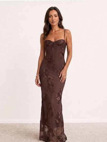 Vestido de Invitada de Boda Largo de Flores Elegante con Espalda Descubierta