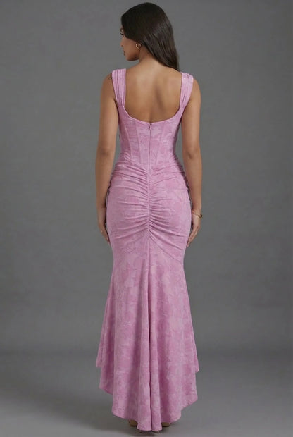 Vestido de Invitada de Boda Largo de Flores Elegante con Fruncido