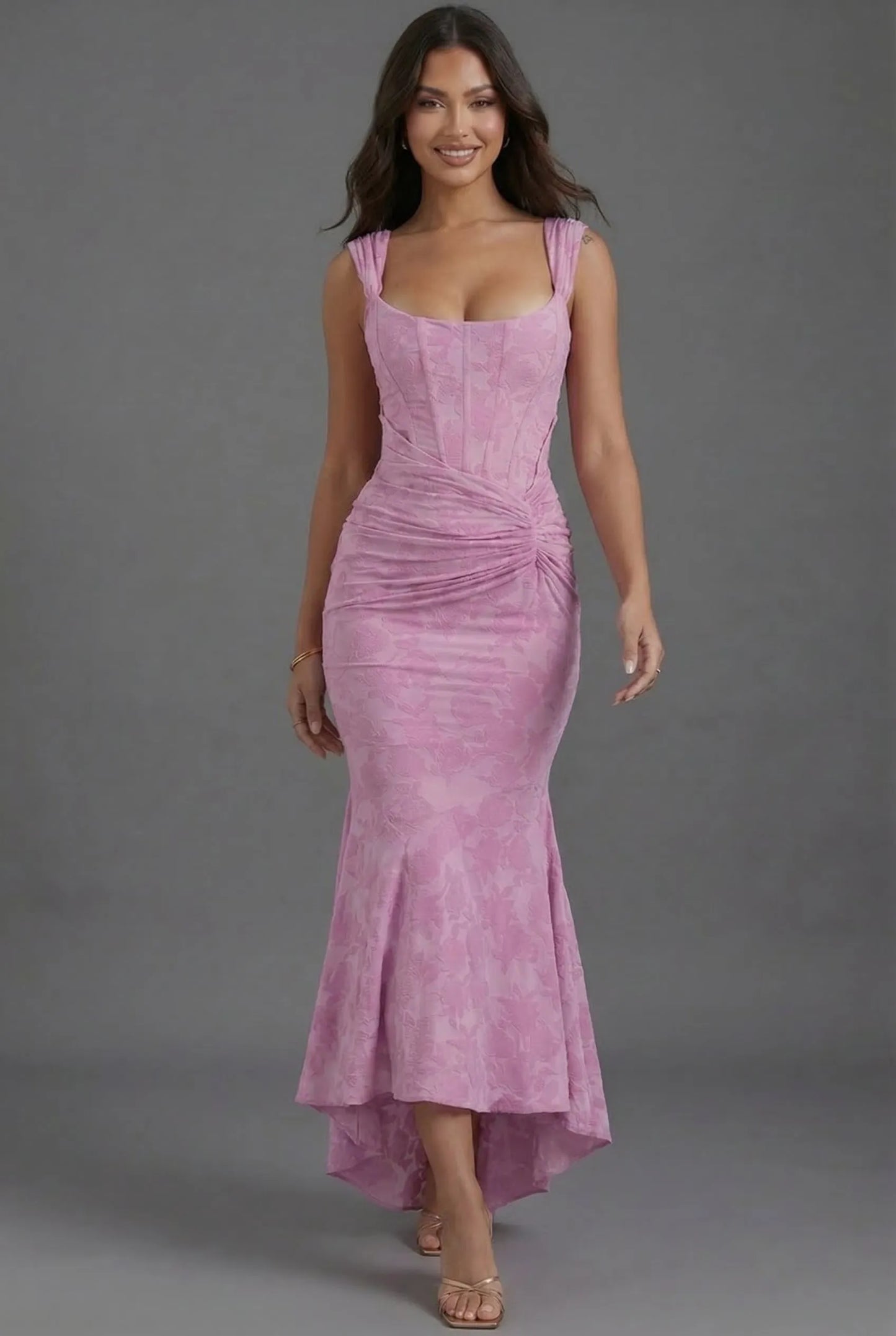 Vestido de Invitada de Boda Largo de Flores Elegante con Fruncido