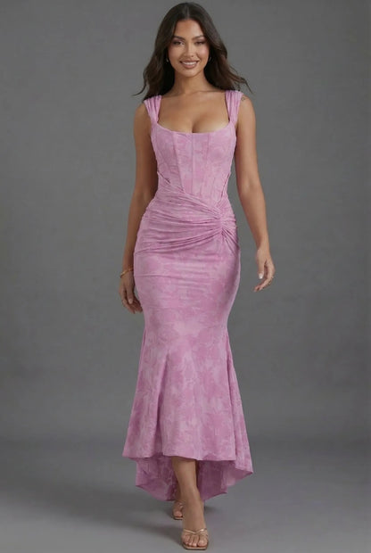 Vestido de Invitada de Boda Largo de Flores Elegante con Fruncido