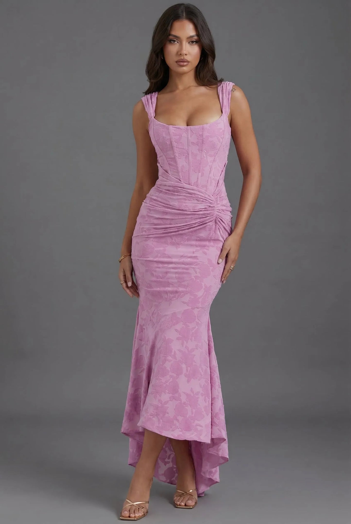 Vestido de Invitada de Boda Largo de Flores Elegante con Fruncido