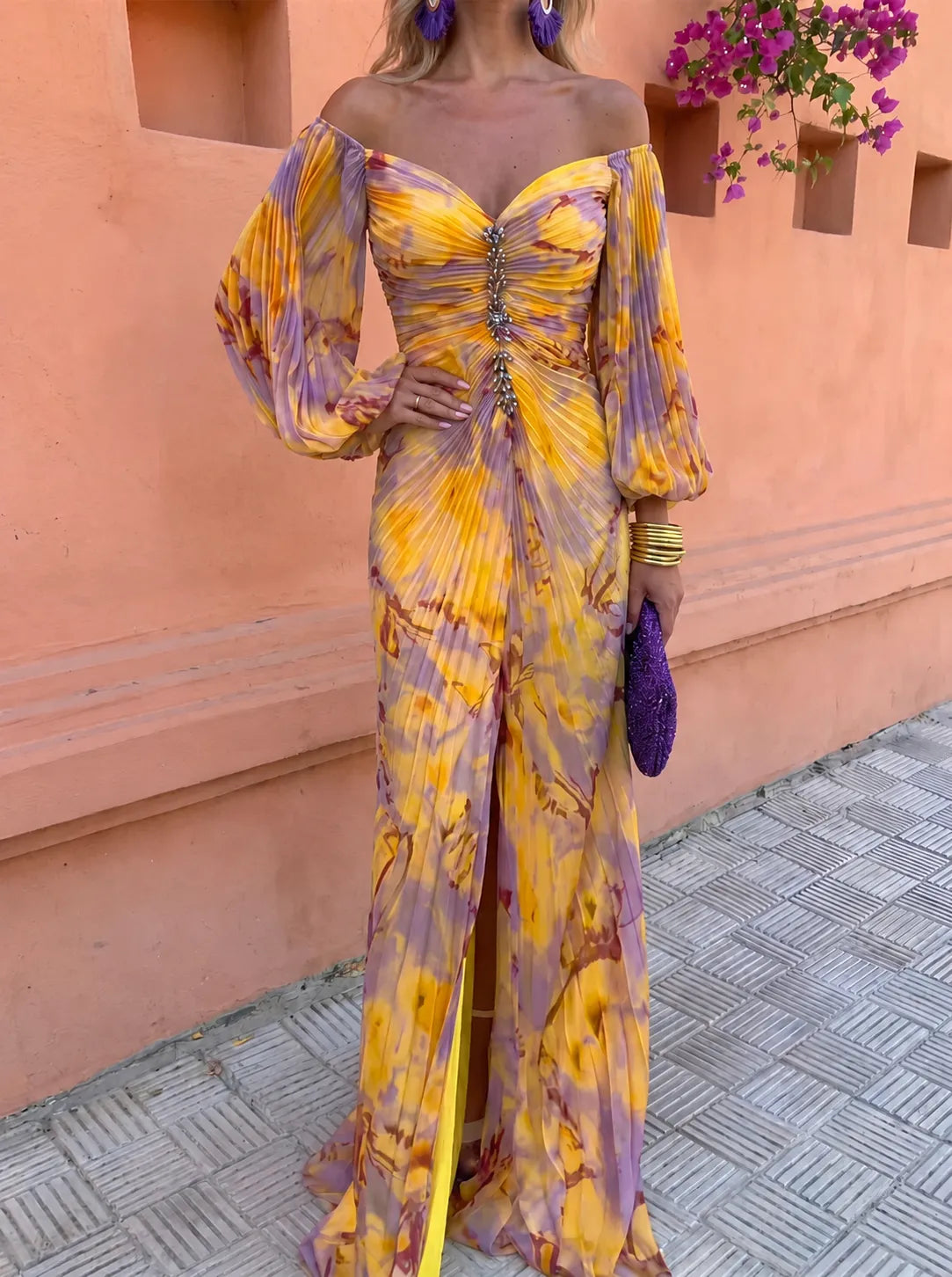 Vestido de Invitada de Boda Largo de Flores Elegante con Hombros Descubiertos