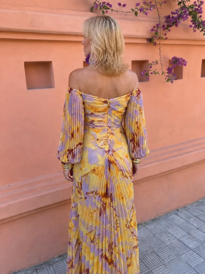 Vestido de Invitada de Boda Largo de Flores Elegante con Hombros Descubiertos