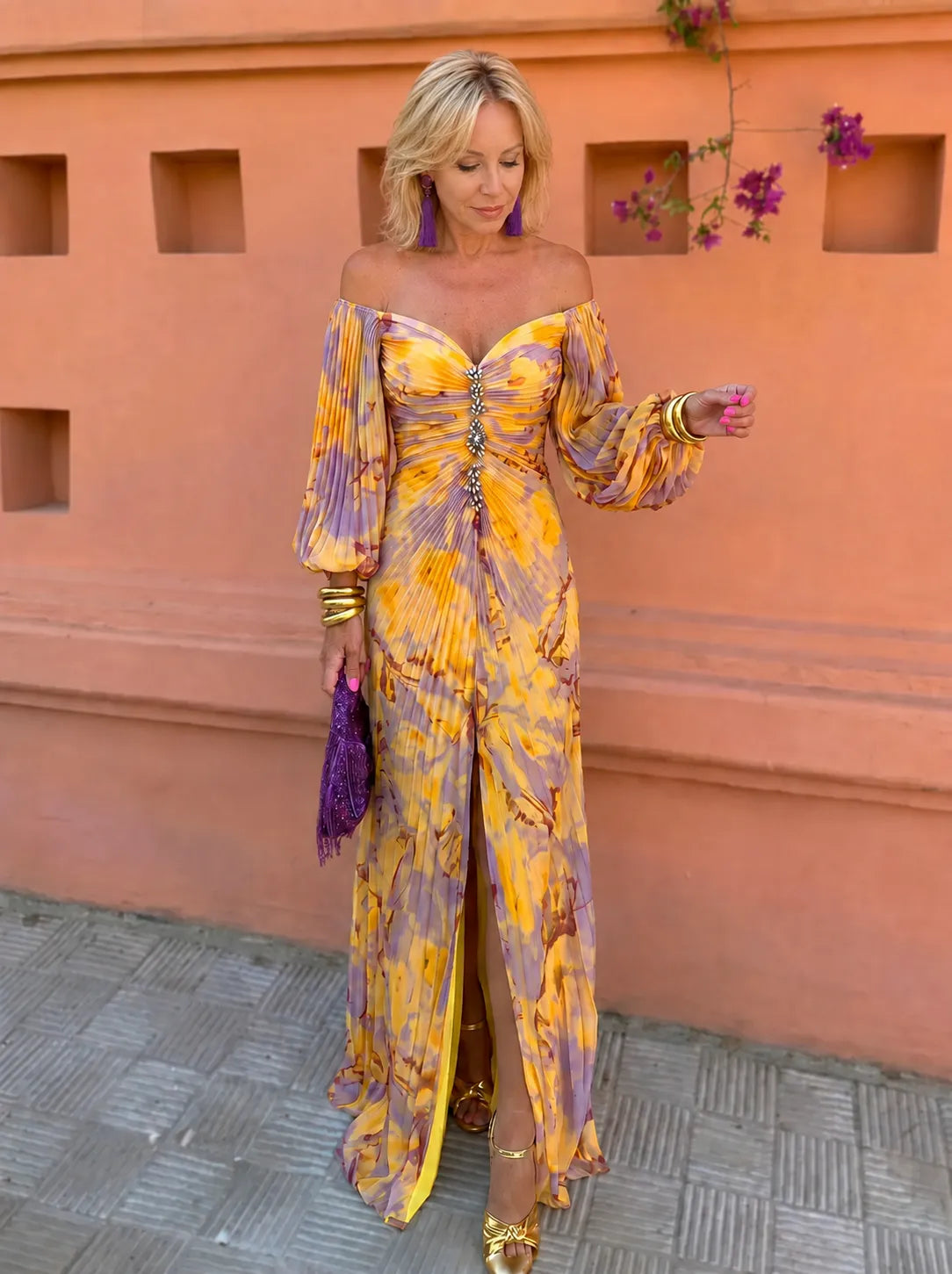 Vestido de Invitada de Boda Largo de Flores Elegante con Hombros Descubiertos