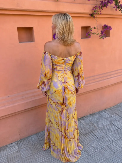 Vestido de Invitada de Boda Largo de Flores Elegante con Hombros Descubiertos