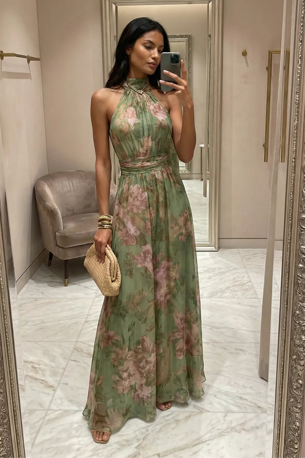 Vestido de Invitada de Boda Largo de Flores Verde con Cuello Halter
