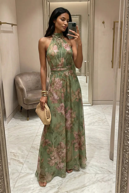 Vestido de Invitada de Boda Largo de Flores Verde con Cuello Halter
