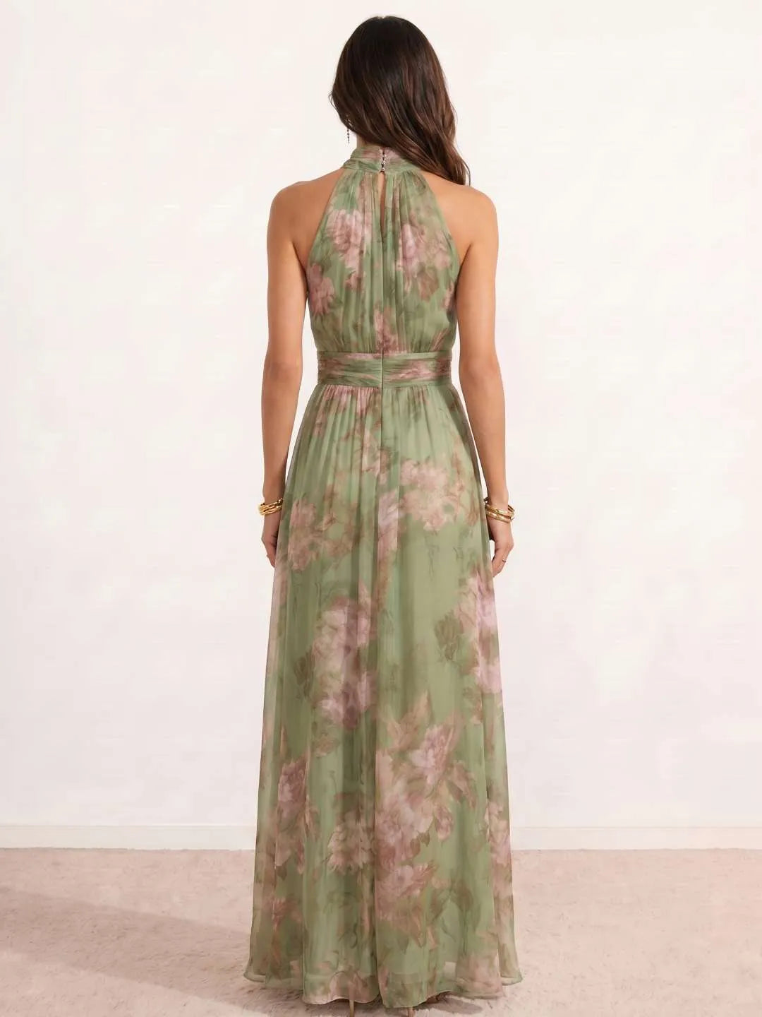 Vestido de Invitada de Boda Largo de Flores Verde con Cuello Halter