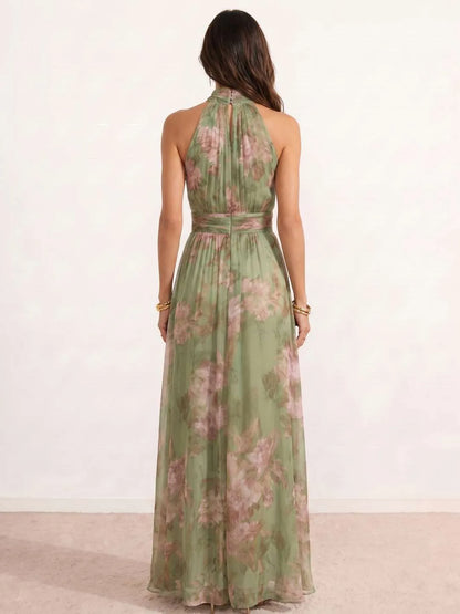 Vestido de Invitada de Boda Largo de Flores Verde con Cuello Halter