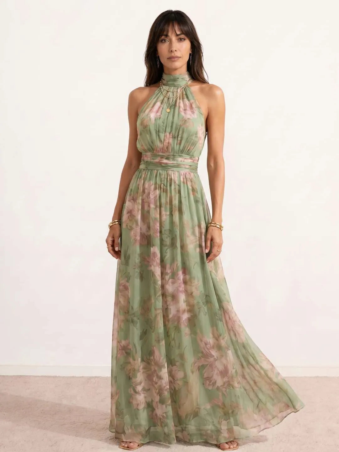 Vestido de Invitada de Boda Largo de Flores Verde con Cuello Halter