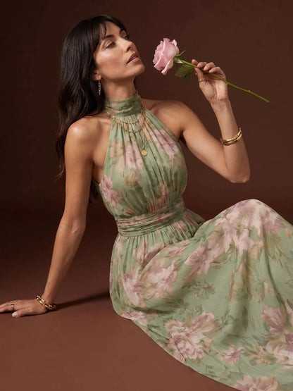 Vestido de Invitada de Boda Largo de Flores Verde con Cuello Halter