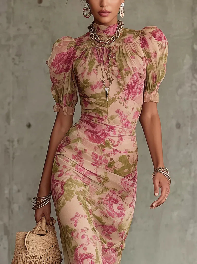 Vestido de Invitada de Boda Largo de Flores con Manga Abullonada