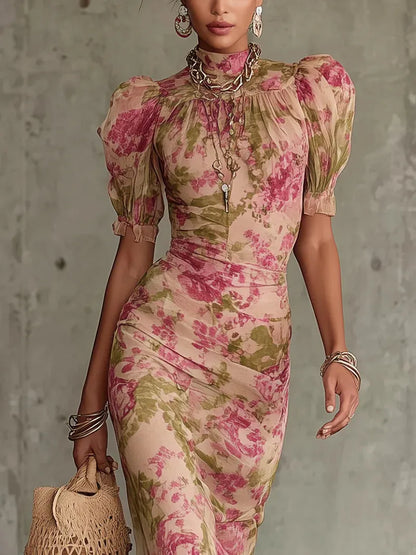 Vestido de Invitada de Boda Largo de Flores con Manga Abullonada