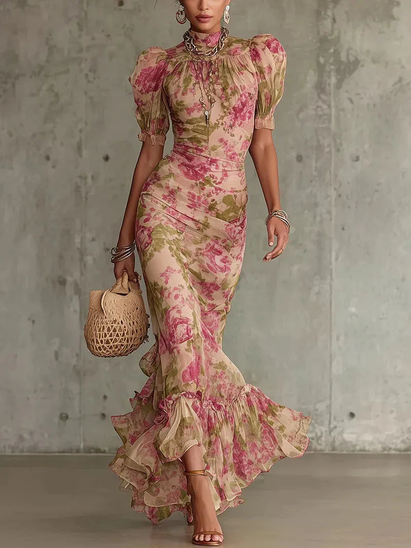 Vestido de Invitada de Boda Largo de Flores con Manga Abullonada