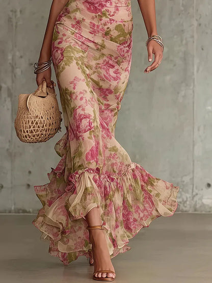 Vestido de Invitada de Boda Largo de Flores con Manga Abullonada