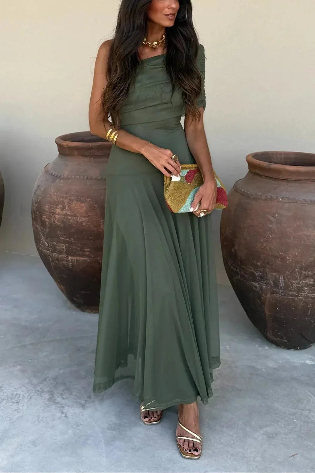 Vestido de Invitada de Boda Largo de Verano Elegante con Escote Asimétrico