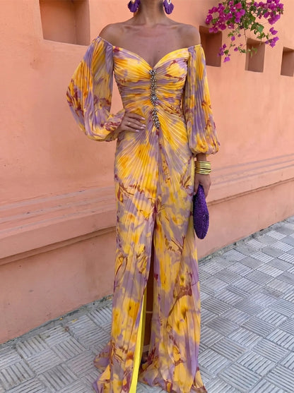 Vestido de Invitada de Boda Largo y Elegante con Manga Abullonada y Plisado