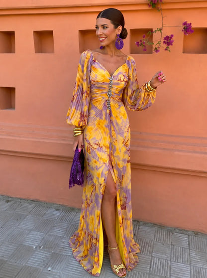 Vestido de Invitada de Boda Largo y Elegante con Manga Abullonada y Plisado