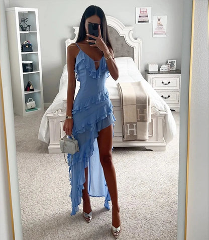 Vestido de Invitada de Boda Largo Asimétrico Volantes con Descubierta