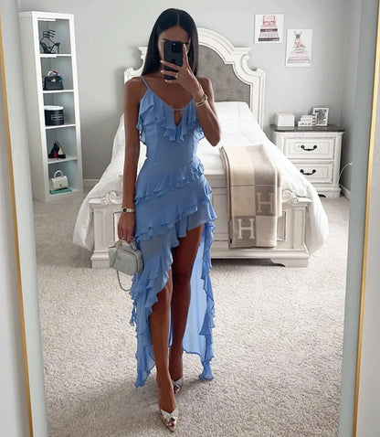Vestido de Invitada de Boda Largo Asimétrico Volantes con Descubierta
