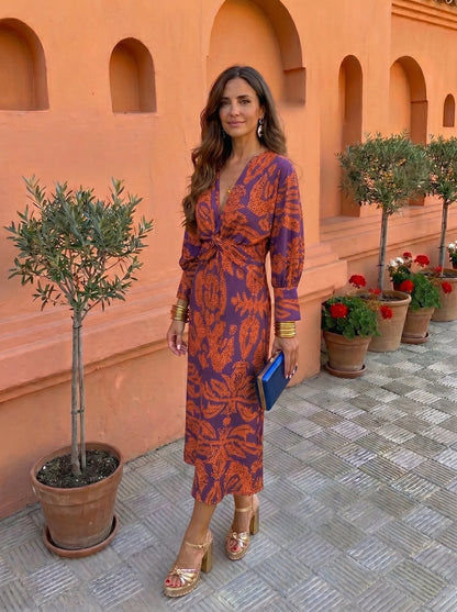 Vestido de Invitada de Boda Largo Elegante Estampado con Manga Larga