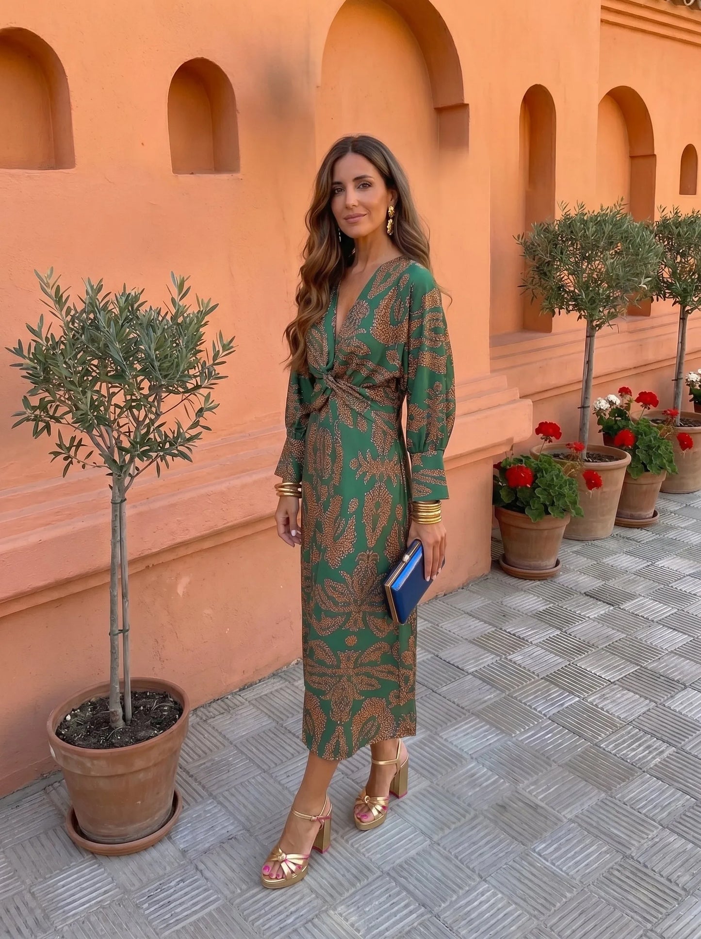 Vestido de Invitada de Boda Largo Elegante Estampado con Manga Larga