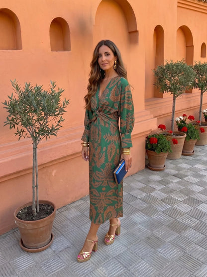 Vestido de Invitada de Boda Largo Elegante Estampado con Manga Larga