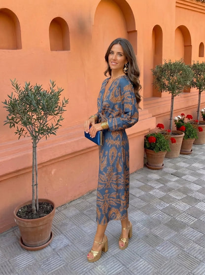 Vestido de Invitada de Boda Largo Elegante Estampado con Manga Larga