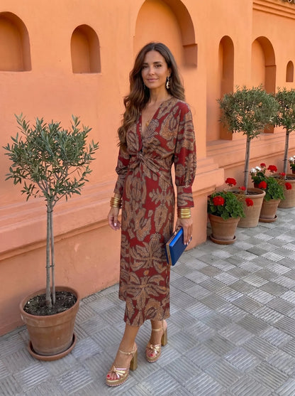 Vestido de Invitada de Boda Largo Elegante Estampado con Manga Larga