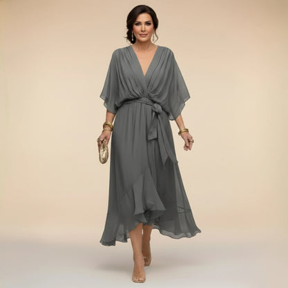 Vestido de Invitada de Boda Midi Asimétrico con Escote en V y Drapeado