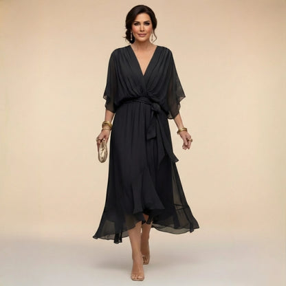 Vestido de Invitada de Boda Midi Asimétrico con Escote en V y Drapeado