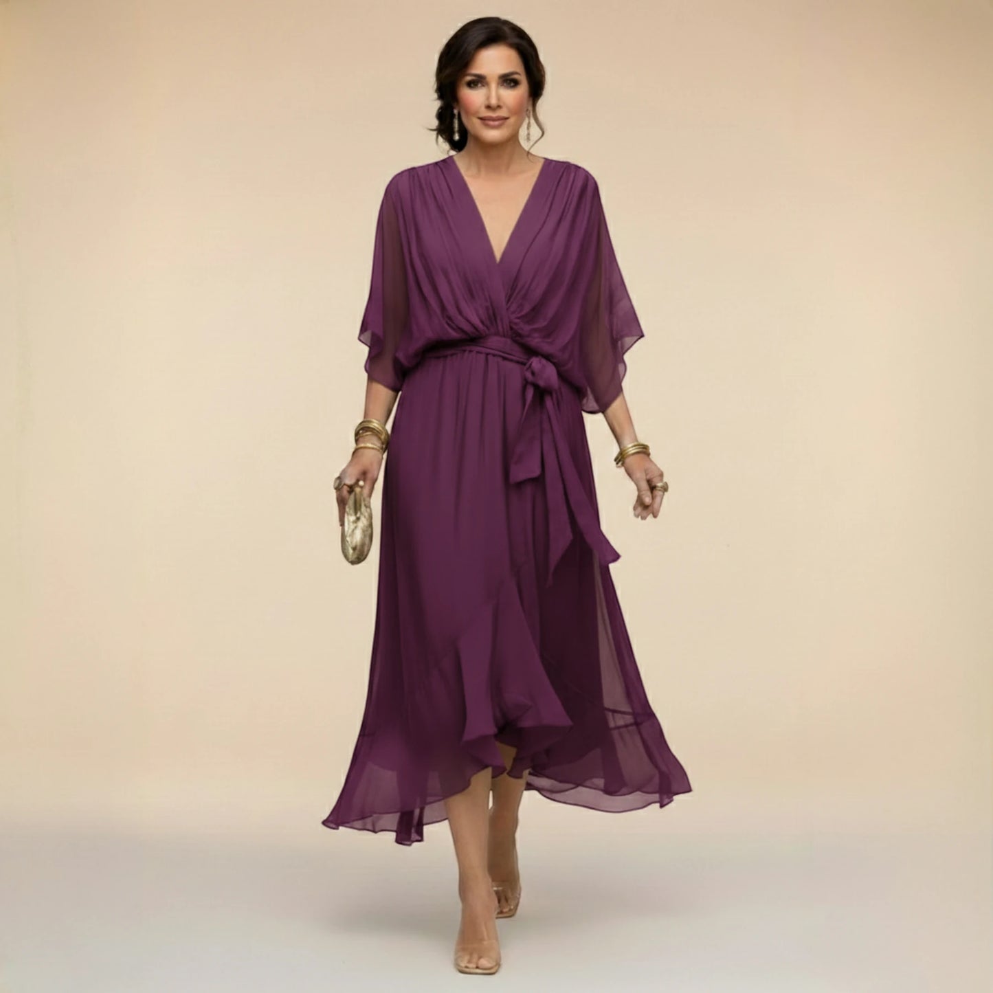 Vestido de Invitada de Boda Midi Asimétrico con Escote en V y Drapeado