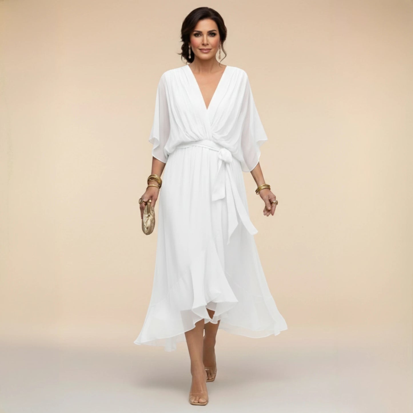 Vestido de Invitada de Boda Midi Asimétrico con Escote en V y Drapeado