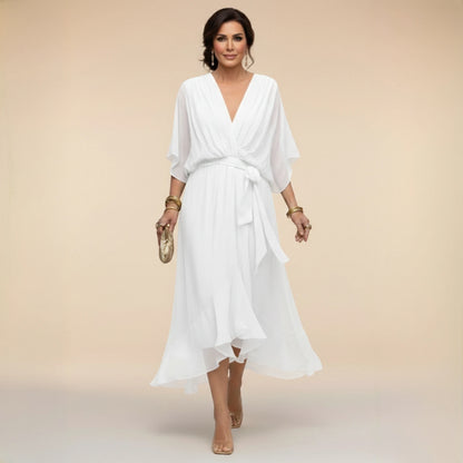 Vestido de Invitada de Boda Midi Asimétrico con Escote en V y Drapeado
