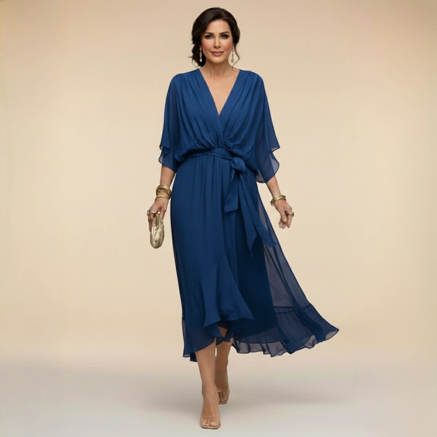 Vestido de Invitada de Boda Midi Asimétrico con Escote en V y Drapeado