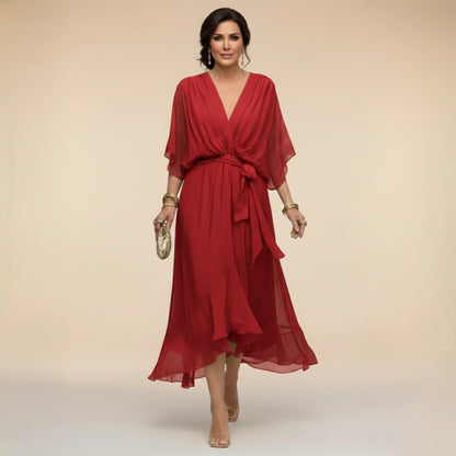 Vestido de Invitada de Boda Midi Asimétrico con Escote en V y Drapeado
