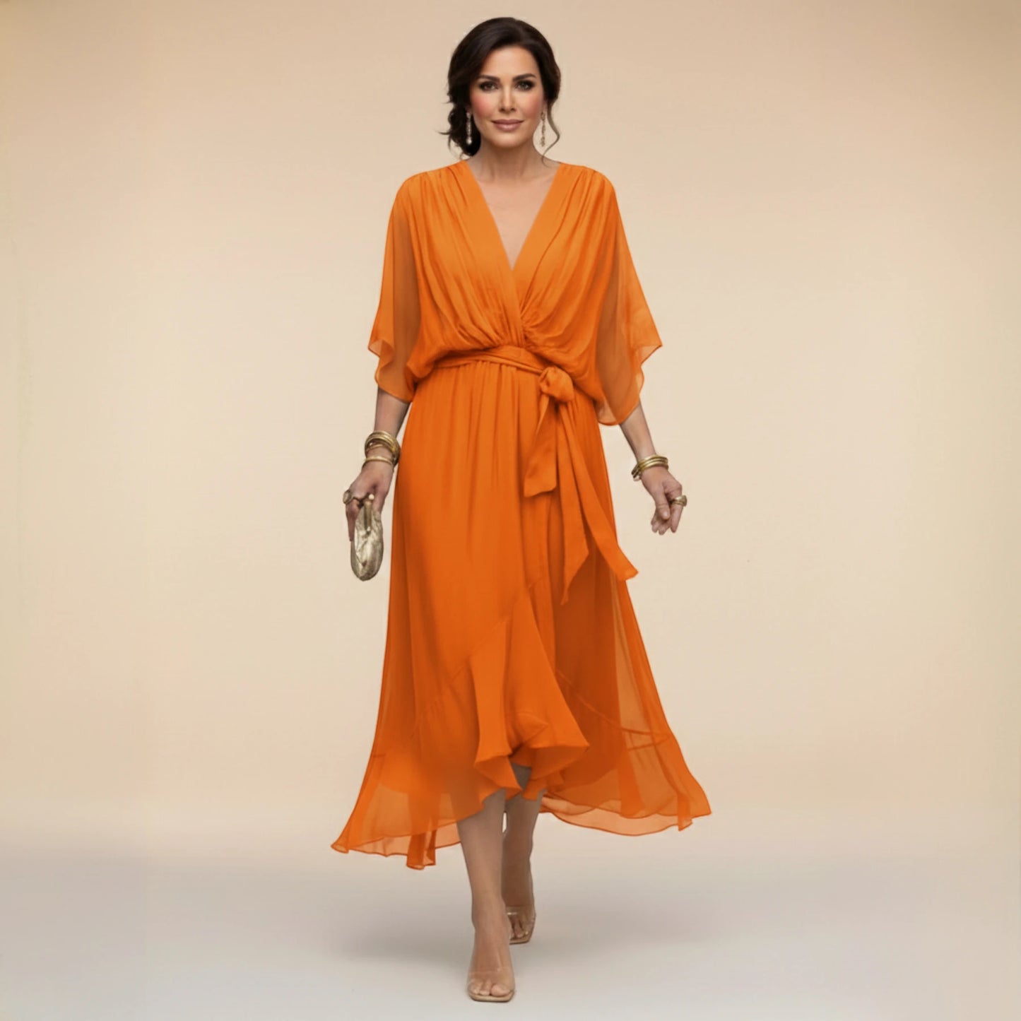 Vestido de Invitada de Boda Midi Asimétrico con Escote en V y Drapeado