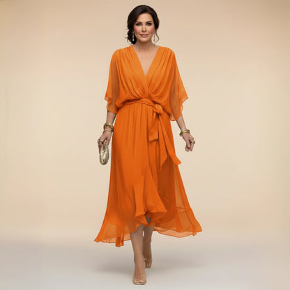 Vestido de Invitada de Boda Midi Asimétrico con Escote en V y Drapeado