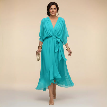 Vestido de Invitada de Boda Midi Asimétrico con Escote en V y Drapeado
