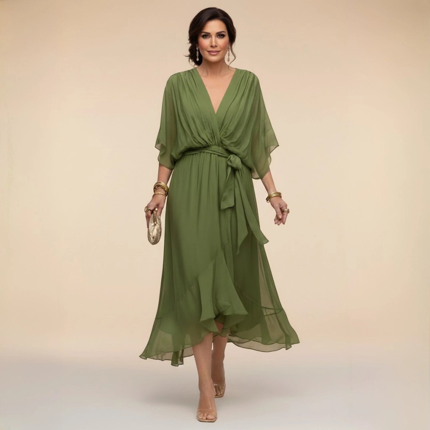 Vestido de Invitada de Boda Midi Asimétrico con Escote en V y Drapeado