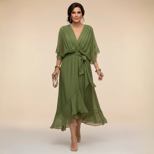Vestido de Invitada de Boda Midi Asimétrico con Escote en V y Drapeado