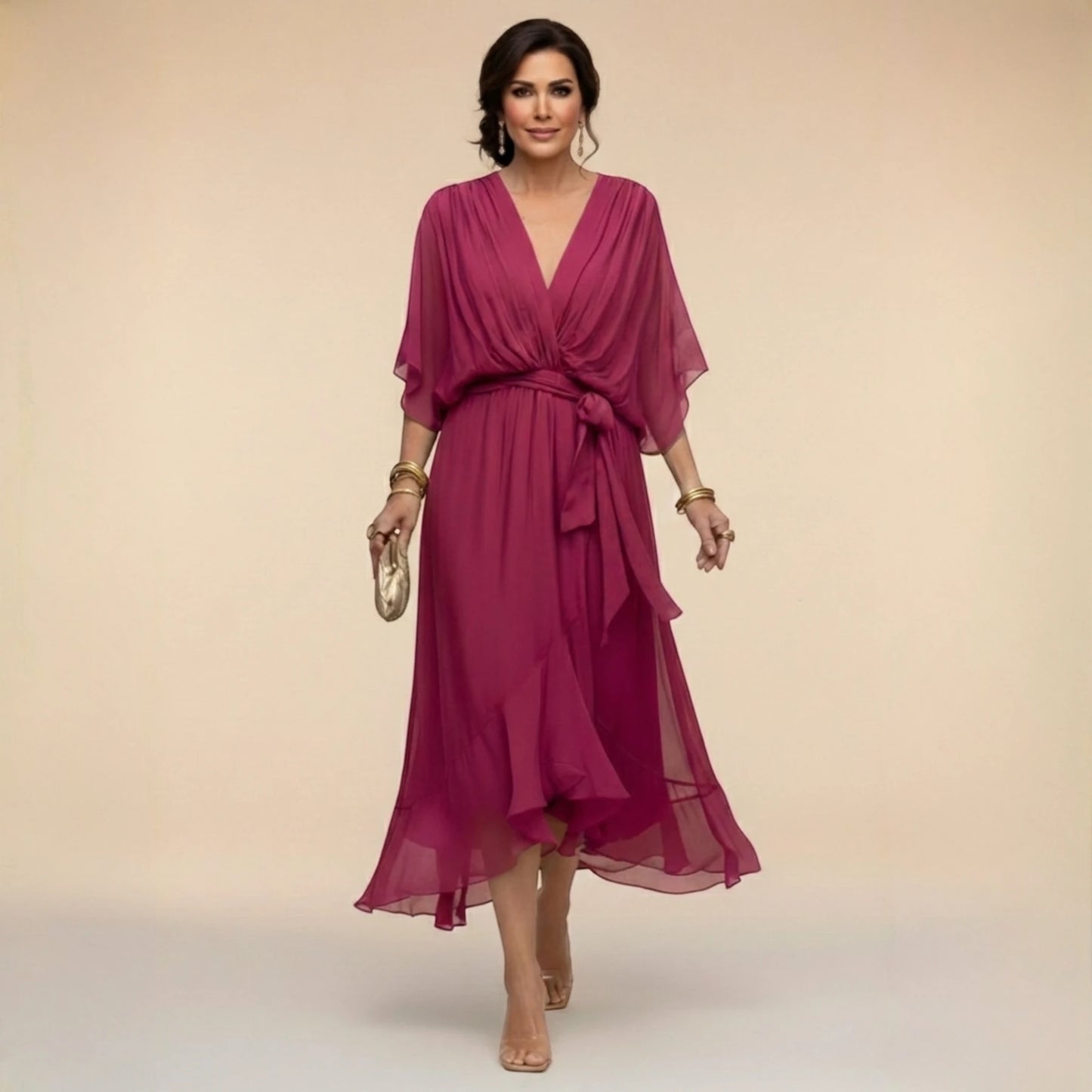 Vestido de Invitada de Boda Midi Asimétrico con Escote en V y Drapeado