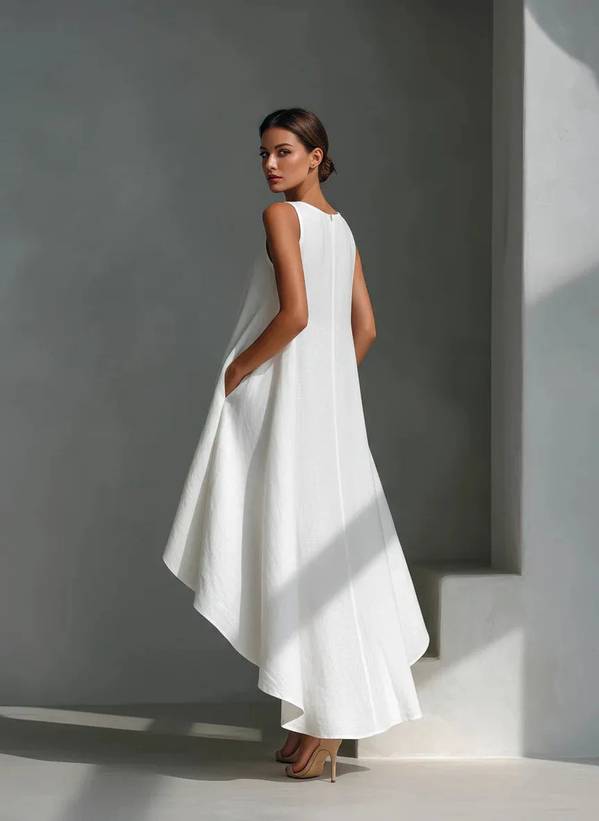 Vestido de Invitada de Boda Midi Blanco Elegante con Asimétrico